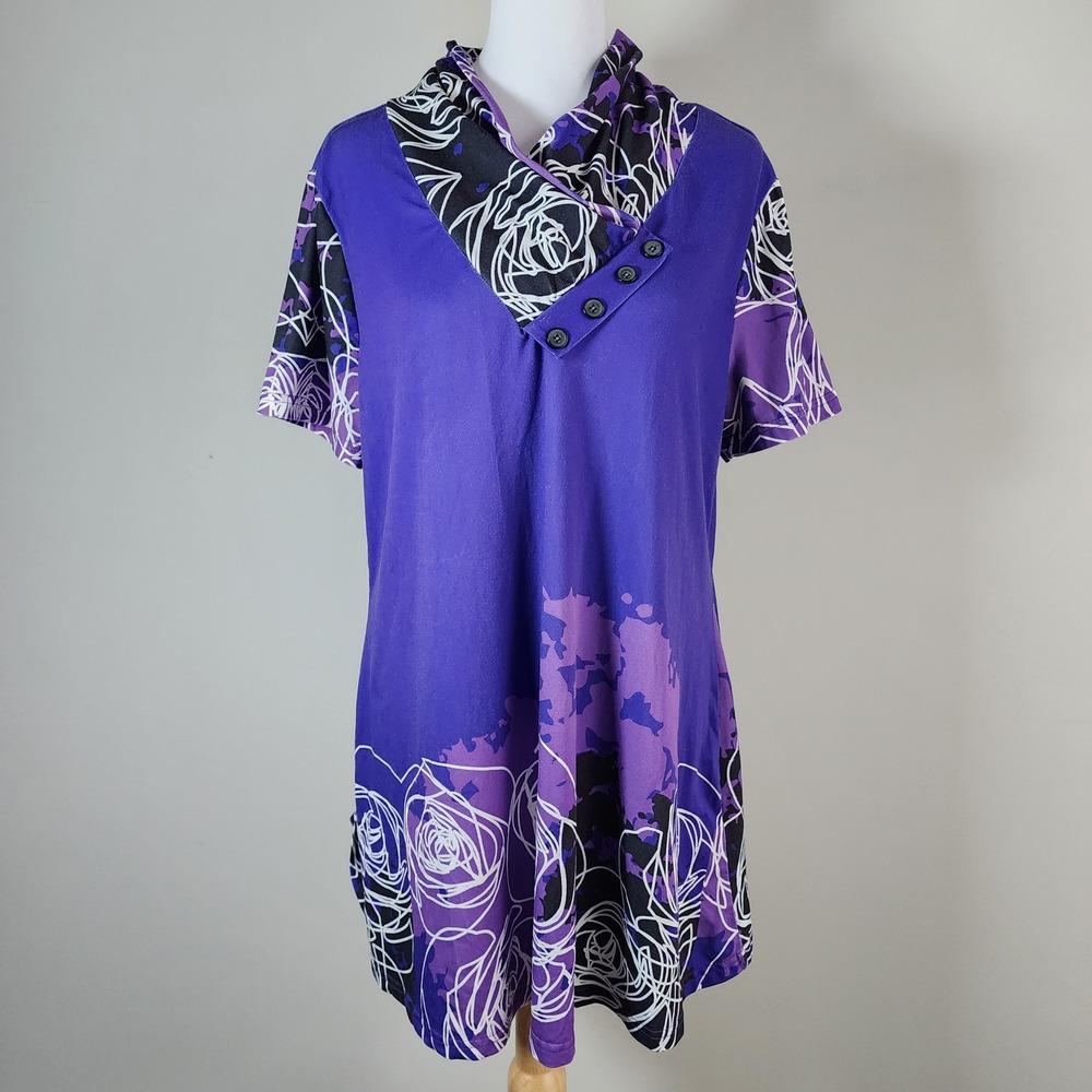 Azalea Tunic Womens XL‎ Purple Floral Short Sleeve Cowl Neck Button Artsy Hippie